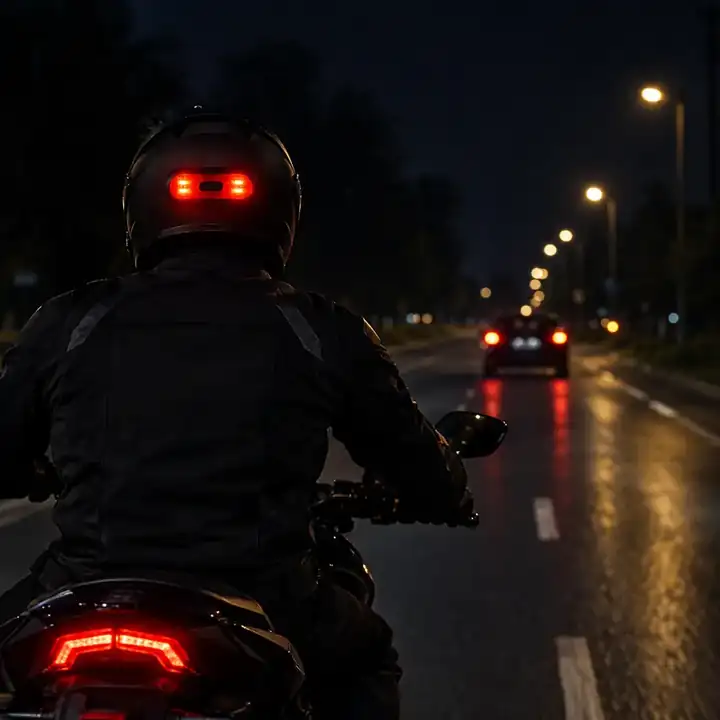 হেলমেটের পেছনে লাল LED সেফটি লাইট লাগিয়ে রাতে বাইক চালাচ্ছেন একজন রাইডার